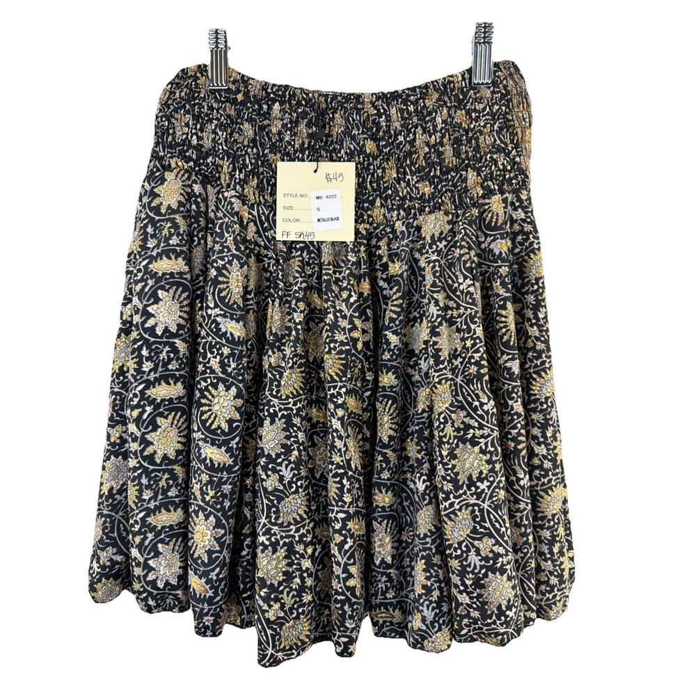 NWT Paani Small Black Gold Floral Flounce Chiffon Skirt Boho Festival Fairycore